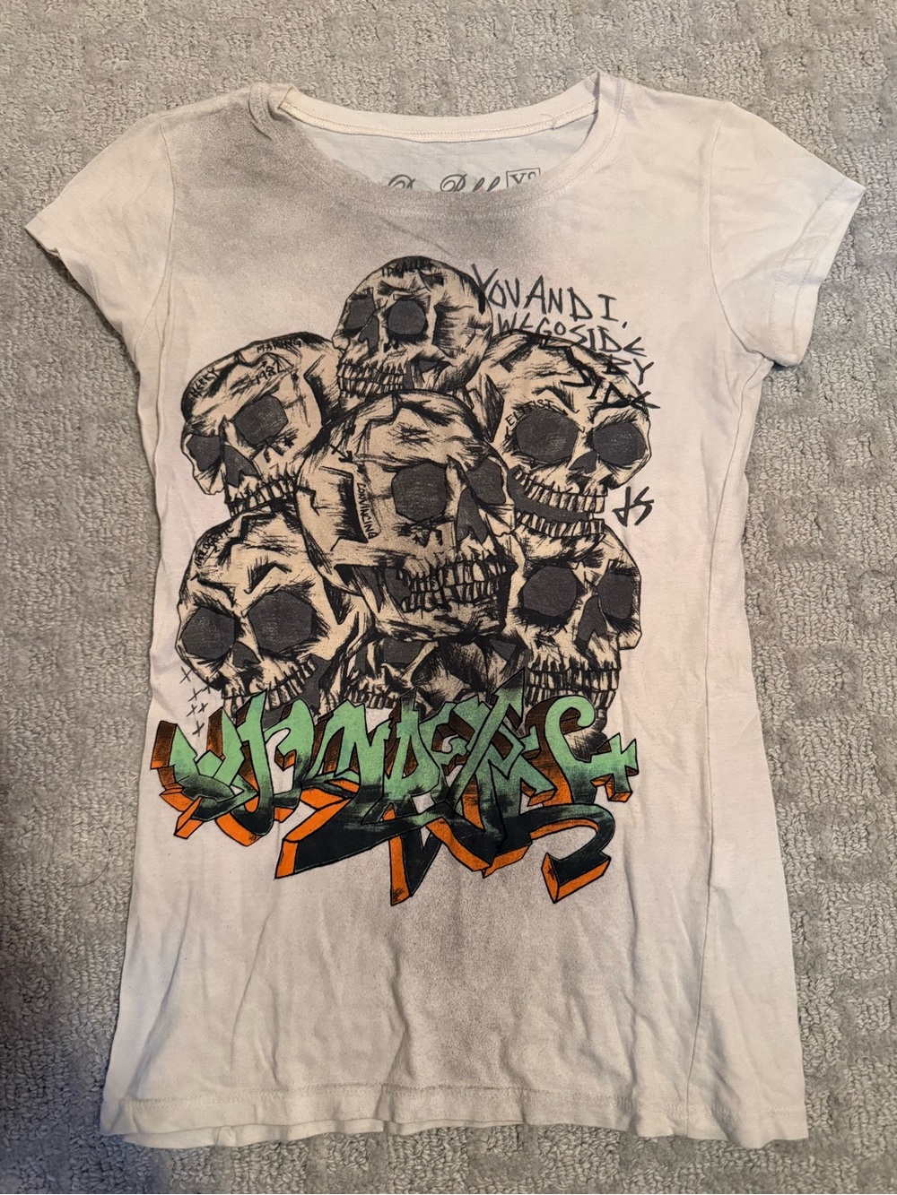 White Short Sleeve Skull Graphic Tee with Green & Orange Accents